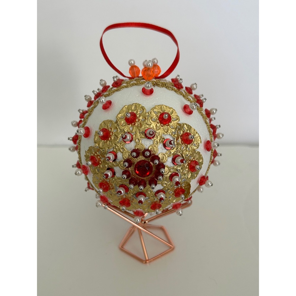 Ornament Push Pin Christmas White Red Gold Beaded Sequin Filigree Victorian